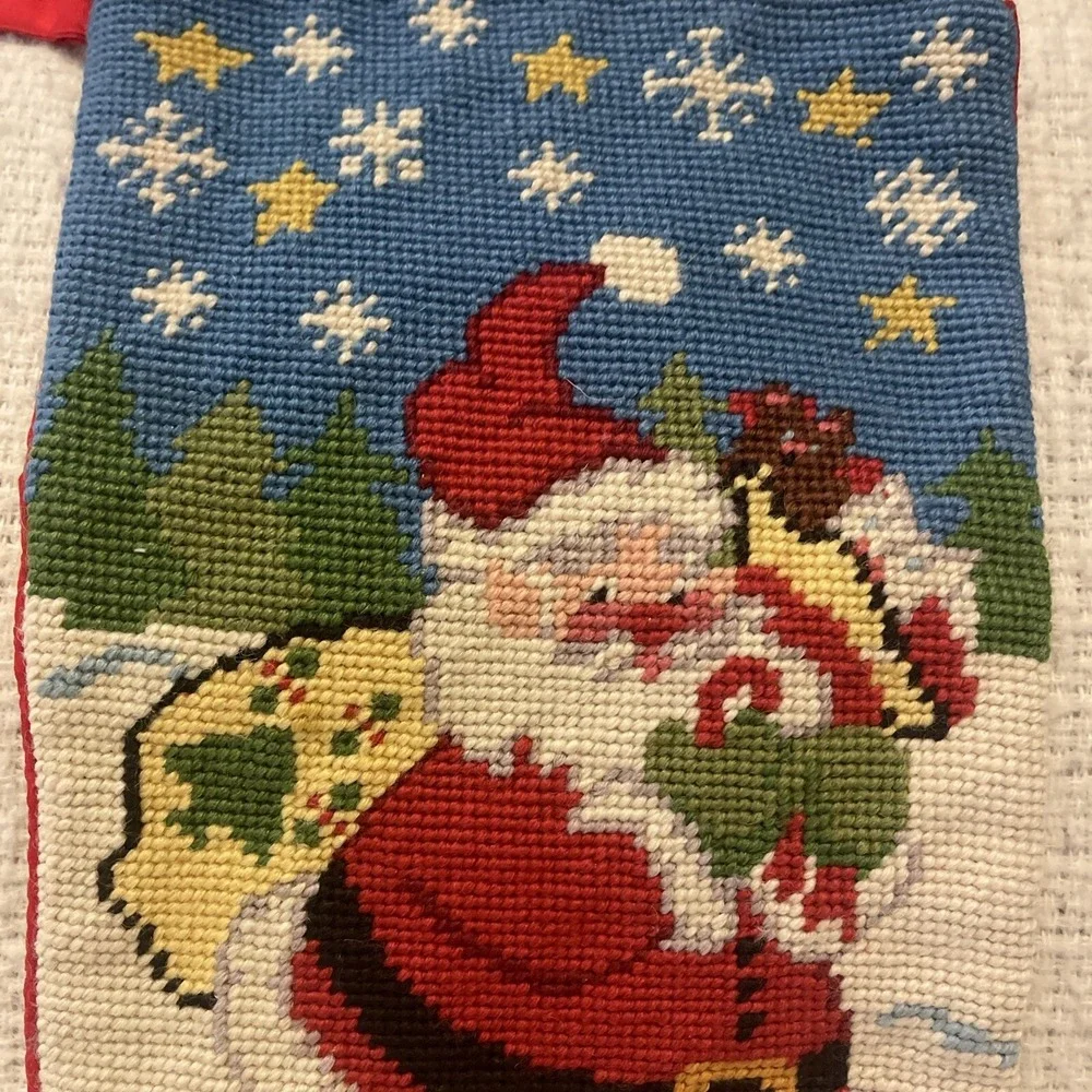 Vintage‎ Wool Needlepoint Velvet Santa Presents Stars Christmas Stocking